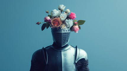 Naklejka premium Medieval knight in armor with floral headpiece, surreal concept