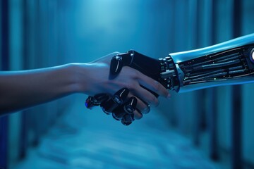 handshake between human and robot hand, with copy space