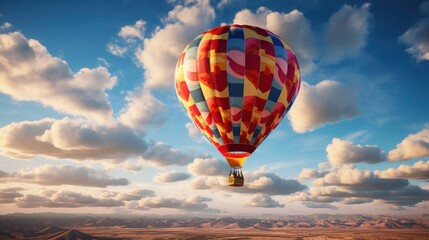 Fototapeta premium Photograph of a solitary hot air balloon, adorned with vibrant patterns, ascending majestically against a dramatic cloudscape.