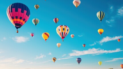 Obraz premium Photograph of a vibrant cluster of colorful balloons soaring high in the clear blue sky, captured in a photorealistic style.