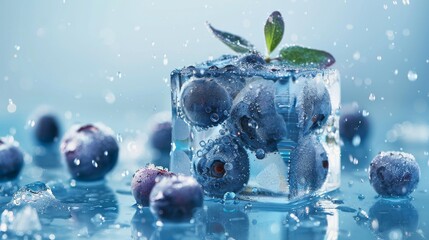 blueberries encapsulated in an ice cube with dewdrops, macro shot on a blue background. Freshness and summer concept