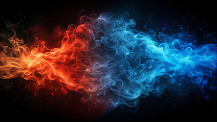 Blue vs red smoke effect black vector background. Abstract neon flame cloud with dust cold versus hot concept. Sport boxing battle competition fog transparent wallpaper design. Police digital banner
