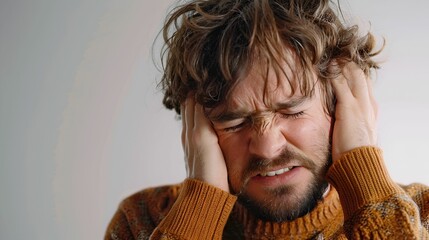 A man with a beard and curly hair is experiencing a severe headache, pressing his hands against his temples with a grimace of pain.