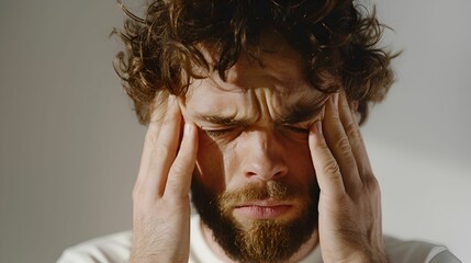 A man with curly hair and a beard is experiencing a headache, pressing his temples with a pained expression on his face.
