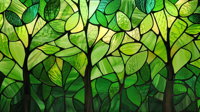 Fototapeta Stained glass art depicting green trees with vibrant leaves