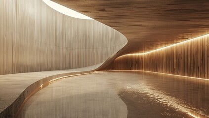 Elegant Interior of an Empty Pool with Curved Wooden Wall and LED Lighting in High-End Architectural Style