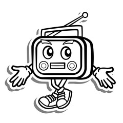 Black line Retro Cartoon Radio on white silhouette and gray shadow. Doodle Style Vector illustration for decorate, coloring and any design.