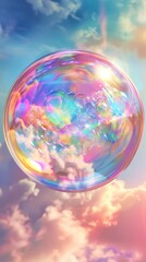 Iridescent soap bubble floating in the sky with clouds, dreamy and whimsical concept