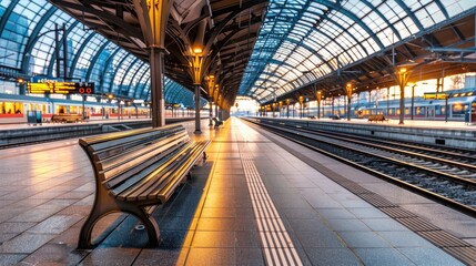 Empty train station with benches and tracks