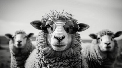 Obraz premium Sheep wearing sunglasses with two sheep in background, black and white photography. Humorous and playful animal concept