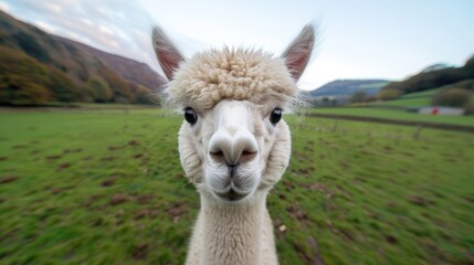 Obraz premium Furry alpaca with a whimsical expression, standing in a green pasture with mountains in the background