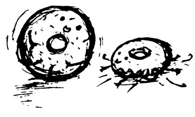 Black and white vector illustration of two smiling donuts with hands and legs, one rolling to the right, another one fallen flat, still smiling.