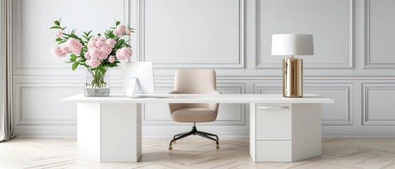 A stylish office space with monochromatic tones, elegant glass cabinets, and a professional environment, captured in photorealistic detail