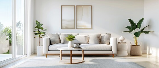 A modern living room with a gray sofa, soft tint of natural light, minimalist interior design, large windows, captured in highresolution realistic style