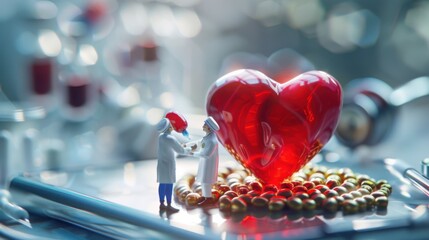 Miniature doctors examining giant red heart, a copy space