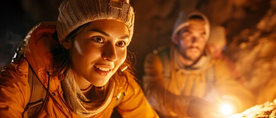 Fototapeta premium Researchers investigating a mysterious cave, flashlights revealing ancient markings, expressions of awe and joy, Realistic, Natural tones, High detail, Dark cave interior backdrop