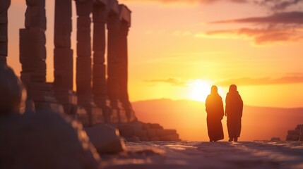 Fototapeta premium Travelers exploring an ancient city, marveling at historic ruins, warm sunlight highlighting their faces, Realistic, Warm tones, High detail, Cultural heritage setting