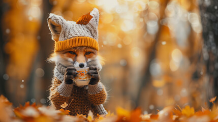  autumn mood, poster for the autumn calendar, cute little fox in a knitted hat and sweater drinking coffee from a cup,