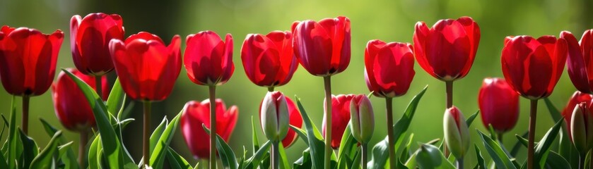 Obraz premium Blooming Passion: Vibrant Red Tulips Representing Renewal on Green backdrop