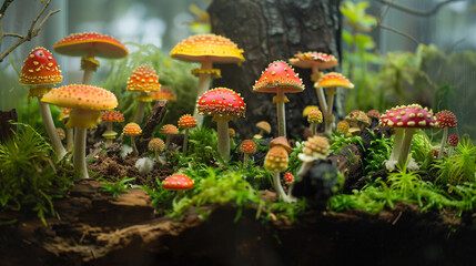 Colorful variety of fresh mushrooms in a terrarium-style appetizer