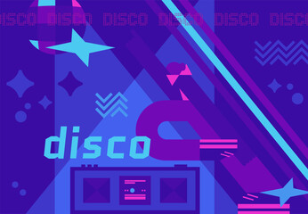 Abstract character on poster in disco style. A girl on rollers. Dynamic geometric design.