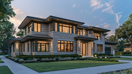 Fototapeta premium Contemporary suburban home exterior with a focus on symmetry and large windows, set in a peaceful neighborhood Ensure room for text