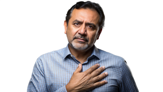 Middle-Aged Man Expressing Regret and Sorrow With Hand on Chest