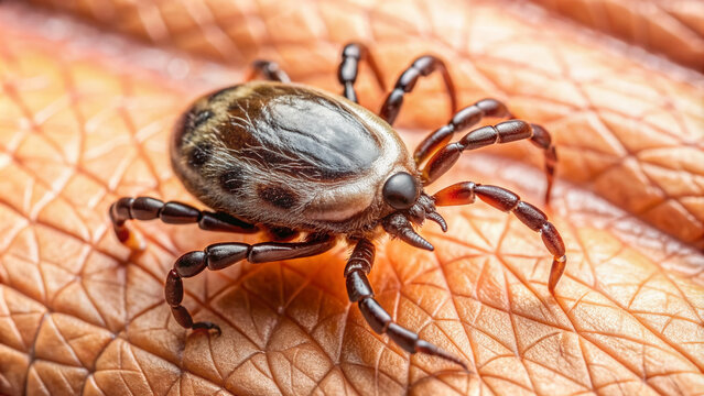 Close-up of a tick embedded in human skin, highlighting its tiny size and menacing presence, emphasizing the importance of Lyme disease prevention and vigilance.
