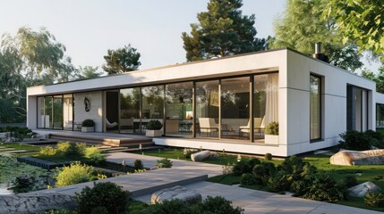 Contemporary suburban home with a clean, minimalist design, featuring large windows and a serene garden
