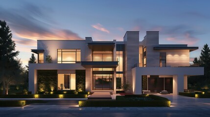 Contemporary suburban home with clean lines, a minimalist approach, and a striking facade under a twilight sky