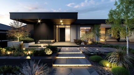 Obraz premium Contemporary suburban home with a monochrome palette, accented by subtle LED pathway lighting and minimal landscaping