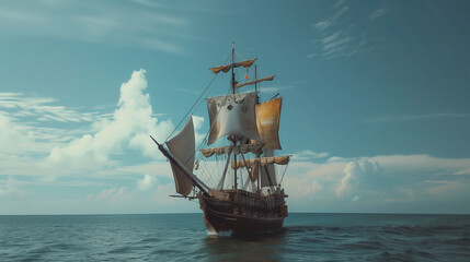 Fototapeta premium A large ship sails in the ocean at sunset. The sky is filled with clouds, and the sun is setting in the distance. Scene is serene and peaceful, as the ship glides through the calm waters