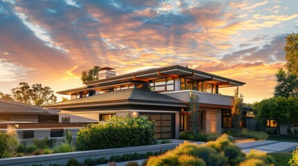 Obraz premium Contemporary suburban home with a unique roof design and an emphasis on horizontal lines, set during sunset