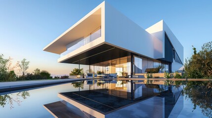 Fototapeta premium Contemporary suburban house with a minimalist facade, featuring sharp angles and a reflection pool under a clear sky