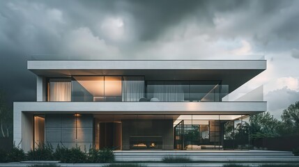 Obraz premium Contemporary suburban house with a minimalist facade, featuring a blend of glass and concrete, under a cloudy sky