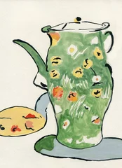 green vase with flowers. watercolor illustration © Anna Ismagilova