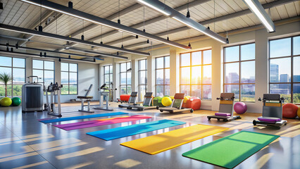 Bright and airy gym interior with sleek exercise machines and colorful mats, ample empty space, and warm natural light illuminating the room.