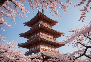 Traditional Japanese pagoda surrounded by cherry blossoms in full bloom, with soft, diffused morning light and a clear blue sky

