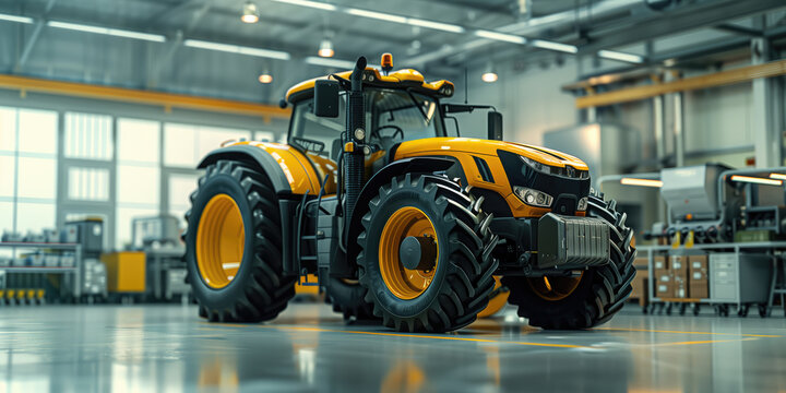 Brand new yellow tractor standing in a spacious factory building