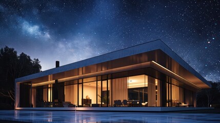 Fototapeta premium Elegant, minimalist suburban home with a focus on clean lines and expansive windows under a starlit sky