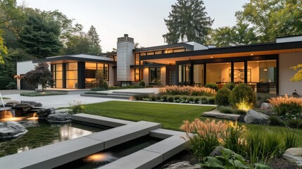 Fototapeta premium Elegant minimalist suburban home with large front windows, featuring a serene water feature and low-maintenance landscaping