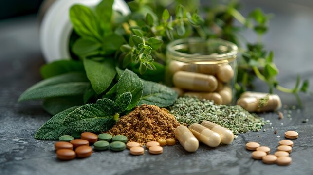 Artfully Arranged Herbal Supplements and Powdered Ingredients for Natural Wellness
