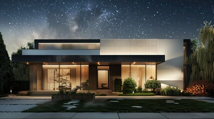 Elegant minimalist suburban home with a clean facade and a symmetrical garden, under a starry night