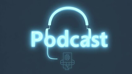 The word Podcast glows in neon light on a dark background of headphones and microphone.
Concept: audio platforms