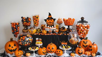 Fototapeta premium Halloween Candy Display on Decorated Table with Pumpkins and Festive Treats