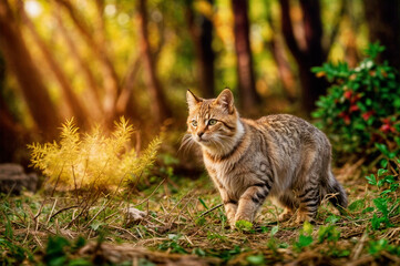 Obraz premium A Small Cat With a Golden Fur Is Walking Through a Forest, Surrounded by Trees and Grass. The Cat Is Looking at the Camera With a Curious Expression.