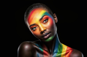 A Black Woman With a Rainbow Painted on Her Skin, Showcasing Her Beauty and the Vibrancy of the Colors.