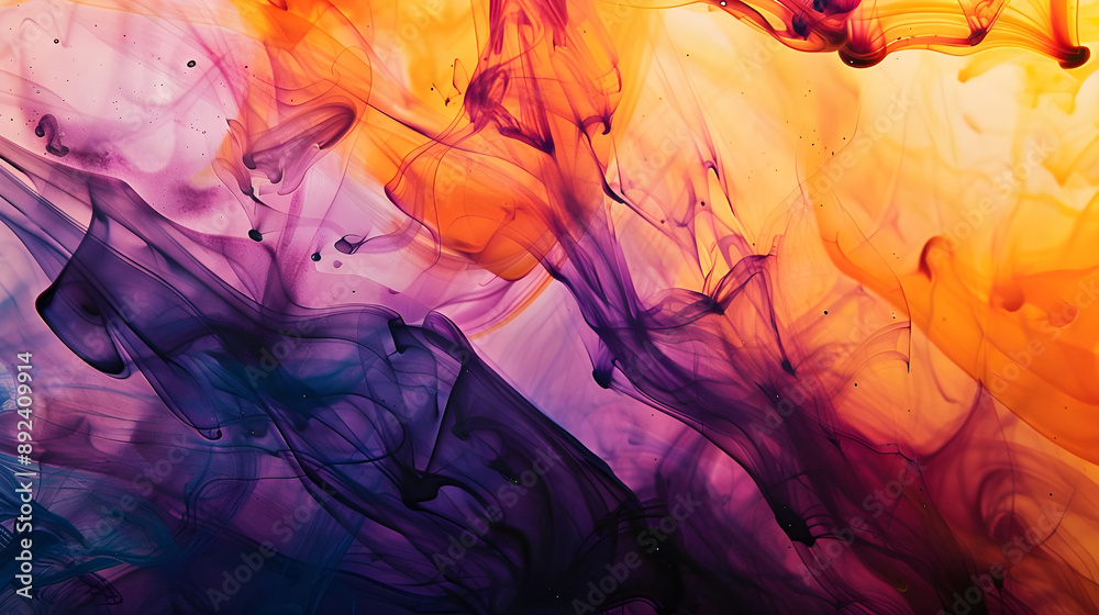 Poster dynamic abstract image featuring vibrant swirls of ink in shades of orange, purple, and pink, creati