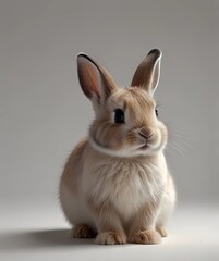 Adorable Bunny Portrait: A fluffy, fawn-colored bunny with big, curious eyes sits against a subtle gray background, capturing a moment of pure, innocent charm. 