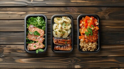 Three prepared meals in containers on wooden slats flat lay